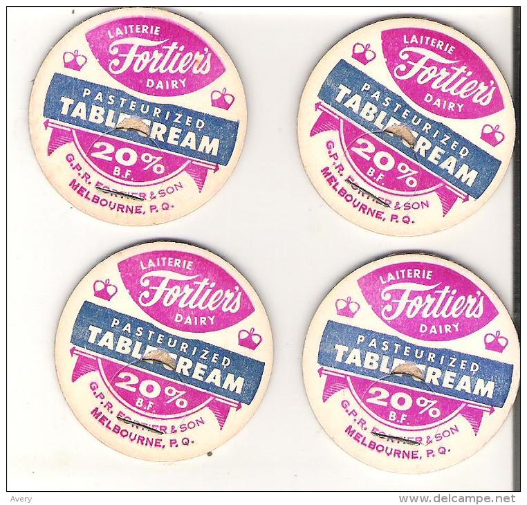 4 Milk Bottle Caps Laitier Fortier's Dairy Melbourne, Quebec  Richmond Pasteurized Table Cream Diameter 1.6"  4.2 Cm - Opercules De Lait