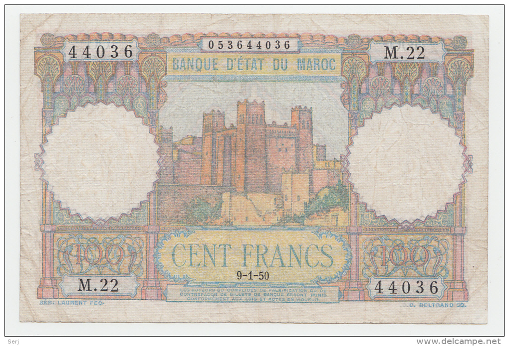 Morocco 100 Francs 9-1- 1950 AVF Banknote P 45 - Maroc