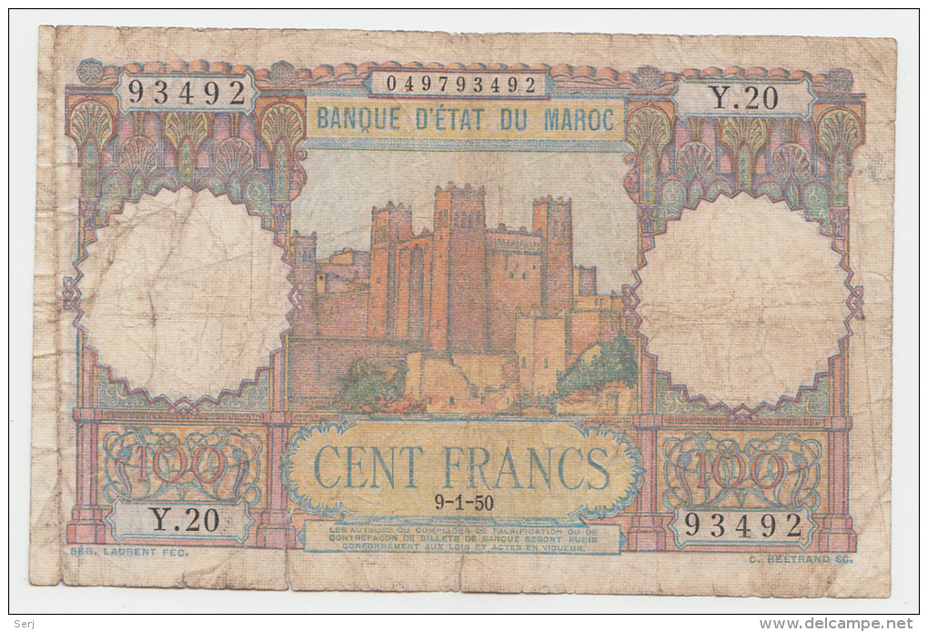 Morocco 100 Francs 9-1- 1950 "F" Banknote P 45 - Maroc