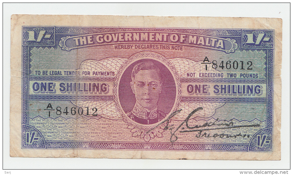 Malta 1 Shilling 1943 KGVI "F+" Banknote P 16 - Malte