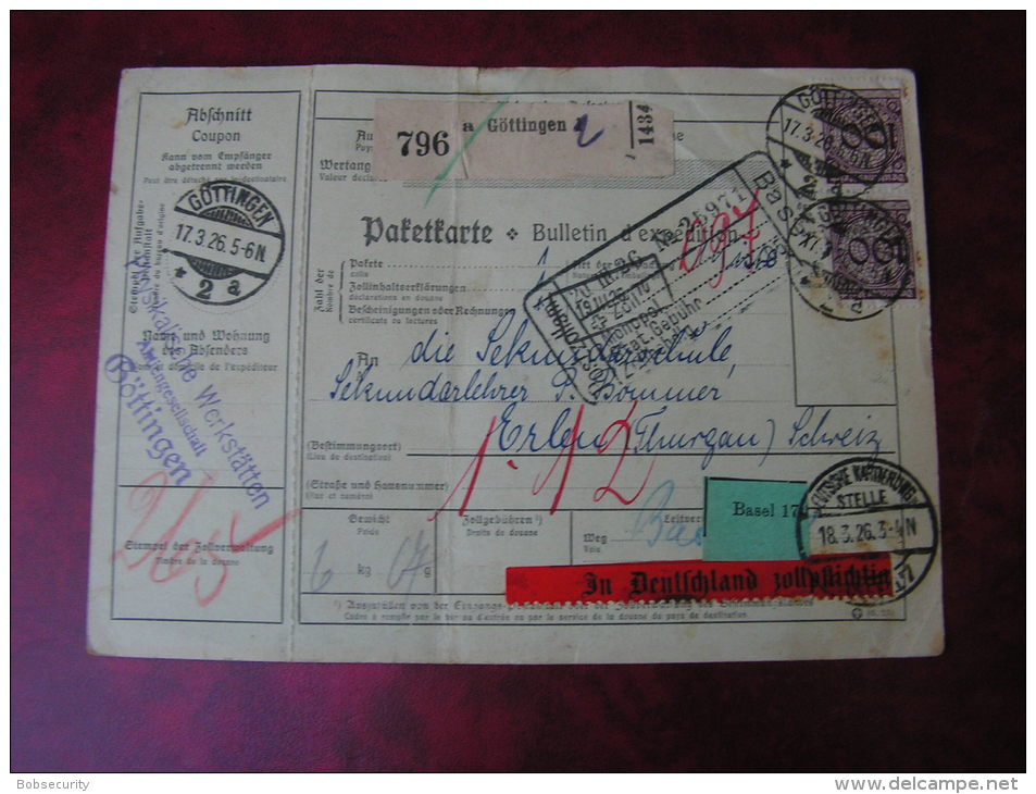 == DR Infla Paket Karte Dt. Kartierungstelle , Zoll In Dei Schweiz  1926 - Briefe U. Dokumente