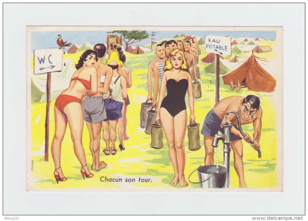 Humoristique - Femme Pin'up Sexy Mi Nue Maillot De Bain  - CHACUN SON TOUR WC > Eau Potable Pompe Camping TENTE - Carrière, Louis