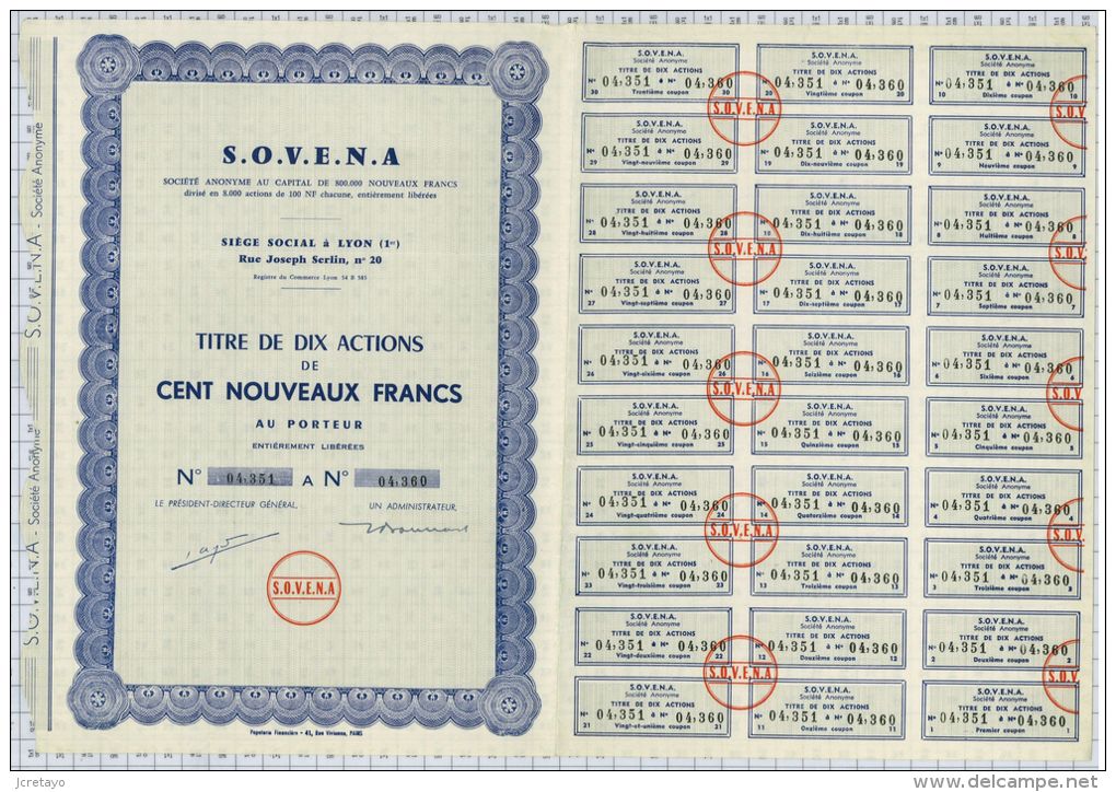 Sovena, Titre De 10 Actions De 100 NF - Industrie