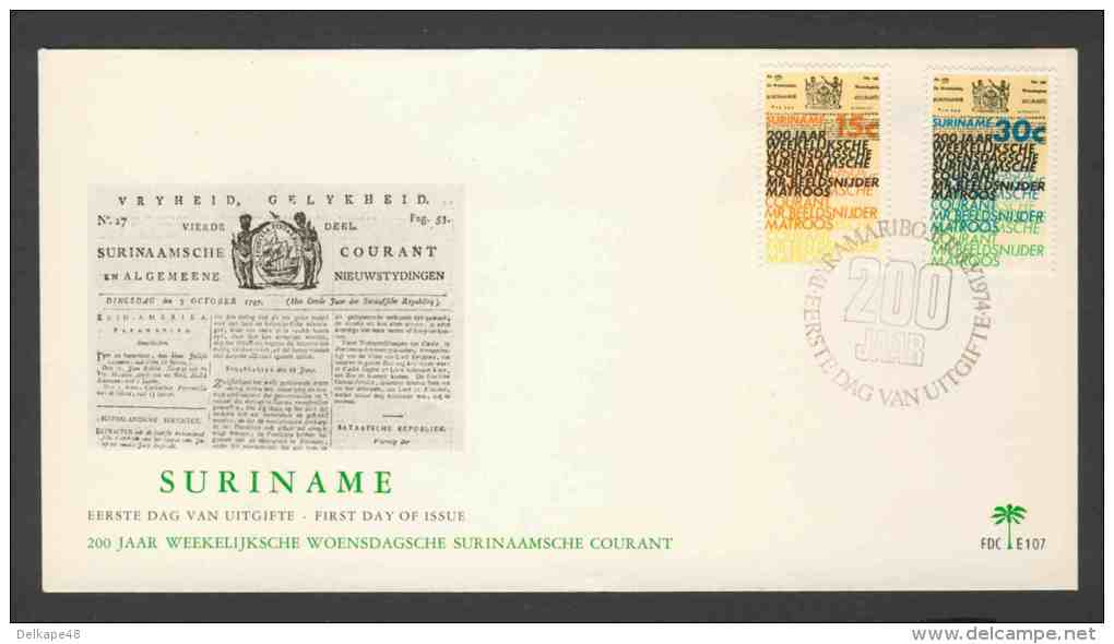 Suriname 1974 FDC + Mi 675 /6 ** Surinam’s “Weekly Wednesday” Newspaper/ „Weekelijksche Woensdagsche Surinaamse Courant" - Andere & Zonder Classificatie