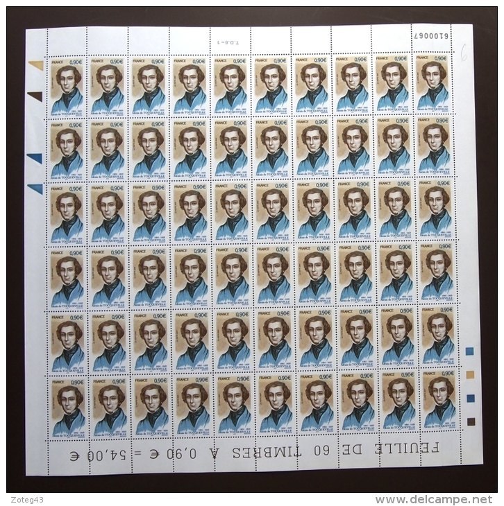 FRANCE 2005 FEUILLE COMPLETE DE 60 TIMBRES ALEXIS DE TOCQUEVILLE YT N° 3780** - Volledige Vellen