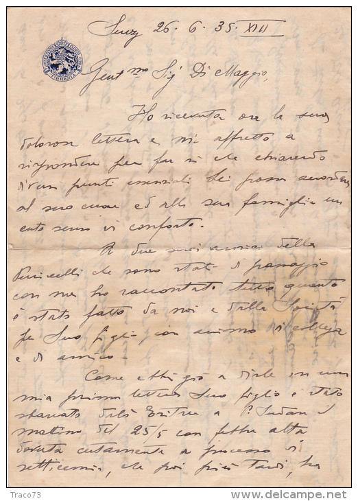 SUEZ  /  Cover _ Lettera (solo Scritto ) Carta Intestata Della  " TIRRENIA " Flotte Riunite Florio Citra _ 26.6.1935 - Storia Postale