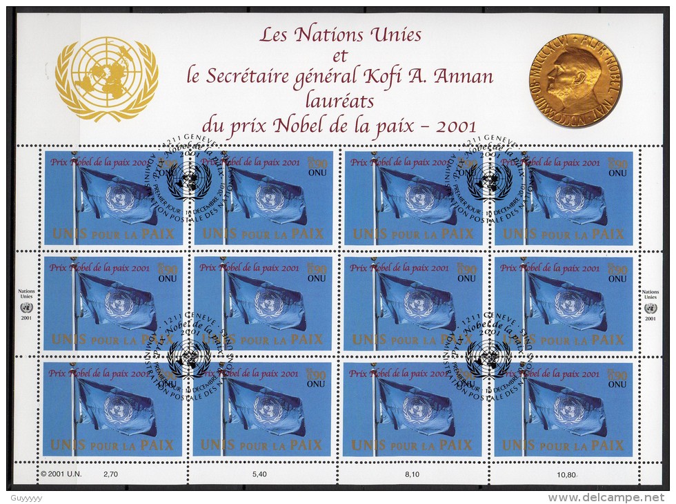 Nations Unies (Genève) - 2001 - Yvert N° 445 - Prix Nobel De La Paix, Feuille Entière - Oblitérés