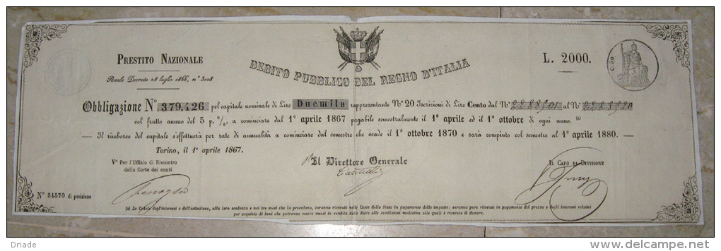 PRESTITO NAZIONALE OBBLIGAZIONE LIRE 2000 DEBITO PUBBLICO DEL REGNO D'ITALIA ANNO 1867 - Altri & Non Classificati