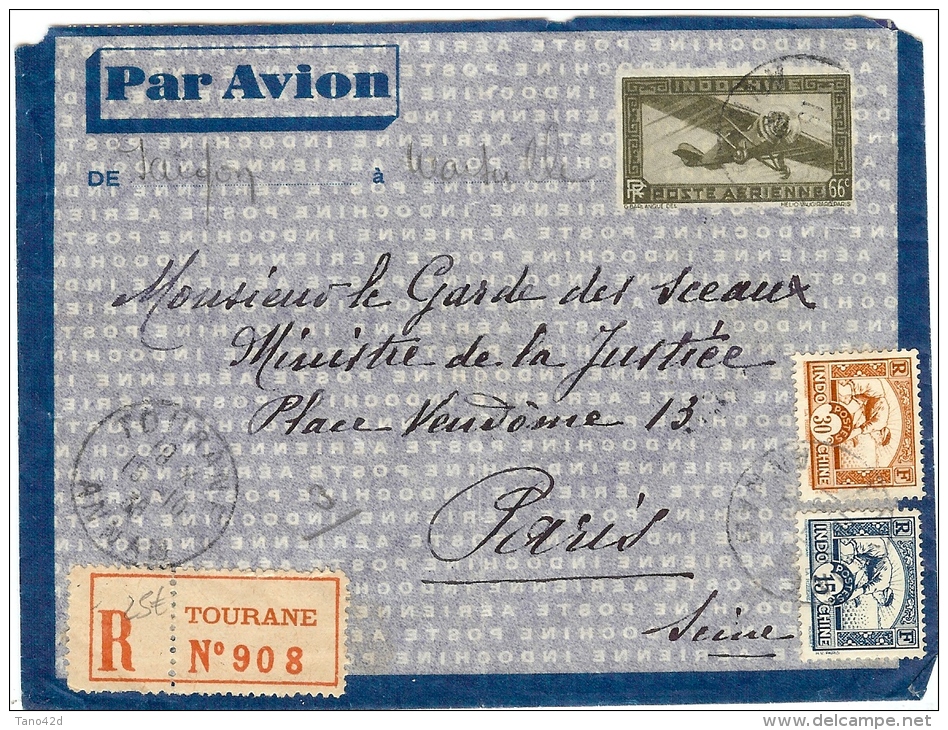 LBL23-  INDOCHINE EP ENV.  AERIENNE 66c + TPM RECOMMANDEE TOURANE / PARIS  15/10/1936 - Luftpost