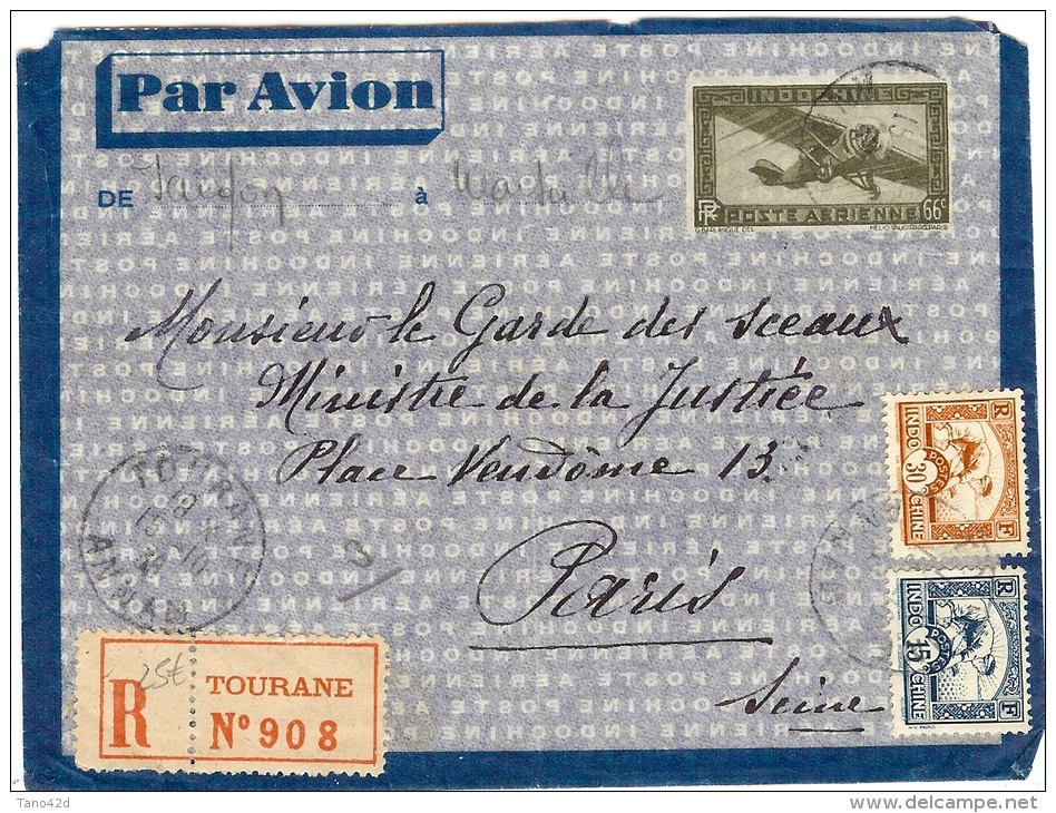 LBL23-  INDOCHINE EP ENV.  AERIENNE 66c + TPM RECOMMANDEE TOURANE / PARIS  15/10/1936 - Luchtpost