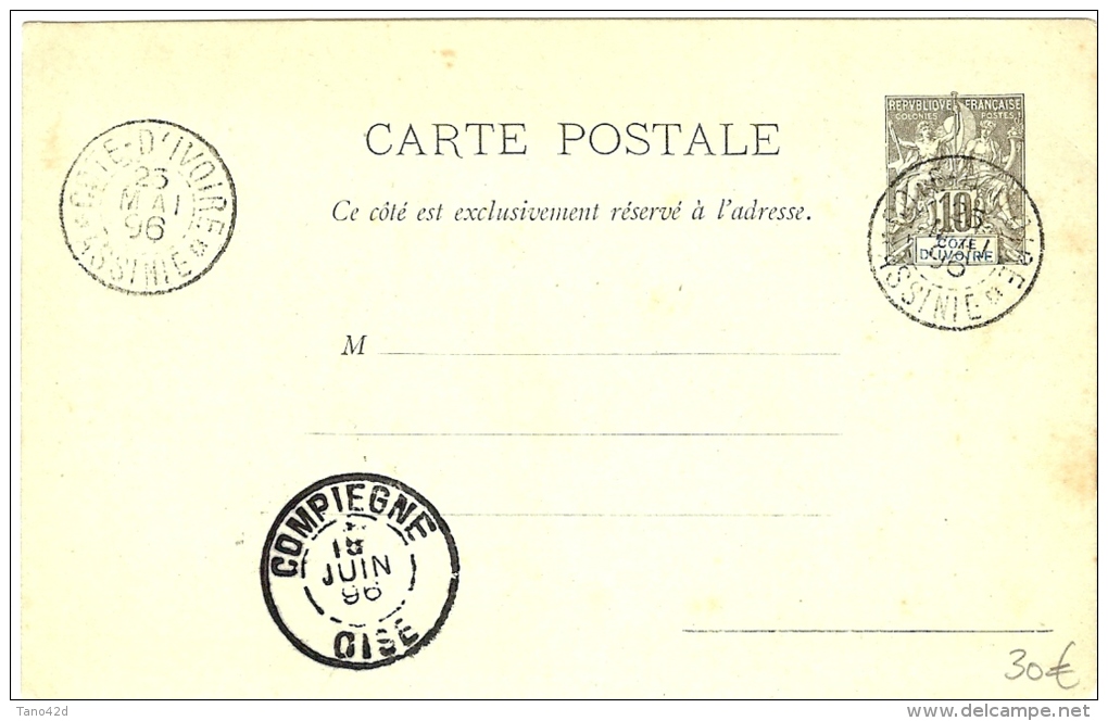 LBL23 - COTE D'IVOIRE EP CP ALLEGORIE 10c ASSINIÈ / COMPIEGNE 23/5/1896 NON ECRITE - Used Stamps