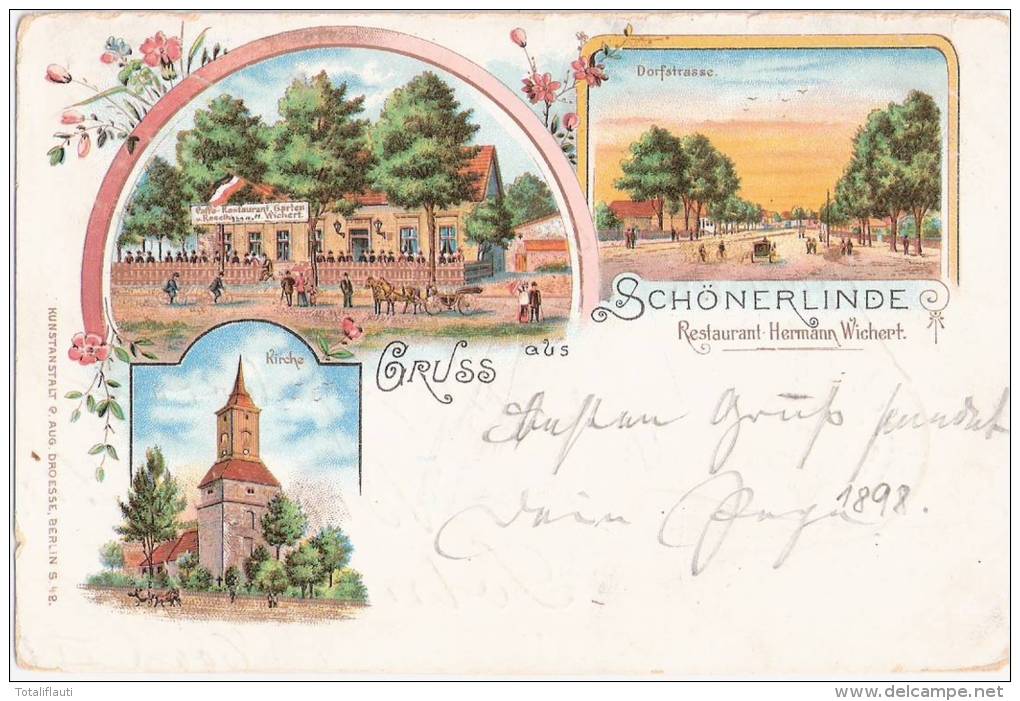 Gruss Aus Wandlitz Schönerlinde Color Litho Restaurant Hermann Wichert Dorfstraße 15.8.1899 Gelaufen - Wandlitz