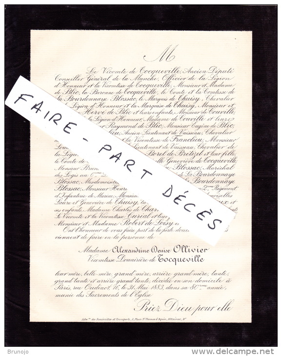 Faire-part Décès Mme Alexandrine Denise OLLIVIER, Vicomtesse Douairière DE TOCQUEVILLE, Paris, 1883 - Décès