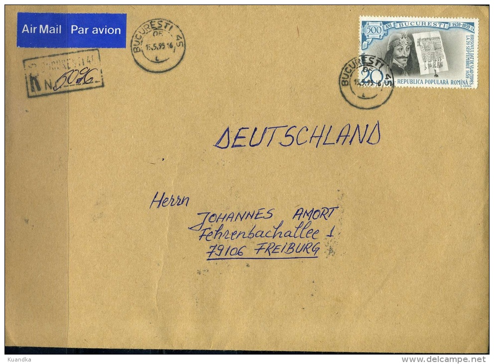 1995 - Cover From Romania,Rumänien,Roumanie,Rumania To Germany - Marcophilie