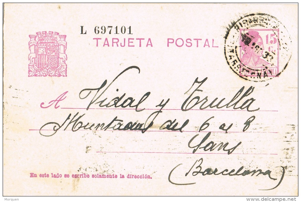 6535. Entero Postal RIBARROJA Fe EBRO (Tarragona) 1933. Republica - 1931-....