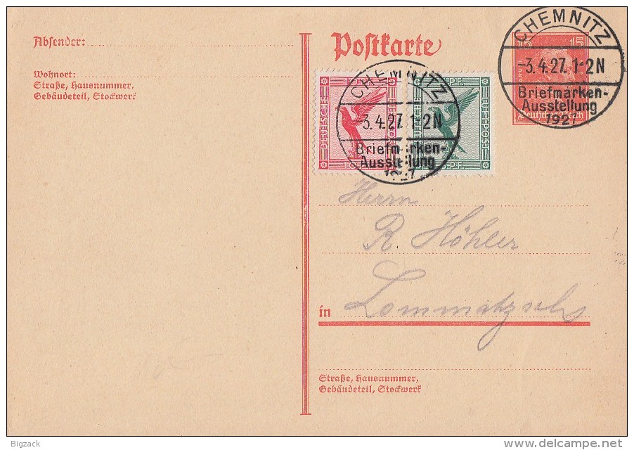 DR Ganzsache Zfr. Minr.378,379 SST Chemnitz 3.4.27 Briefmarkenausstellung 1927 - Briefe U. Dokumente