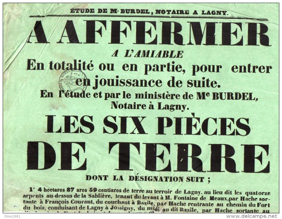 VP809 - LAGNY - Affiche étude Me BURDEL A Affermer De 6 Pièces De Terre - Manifesti