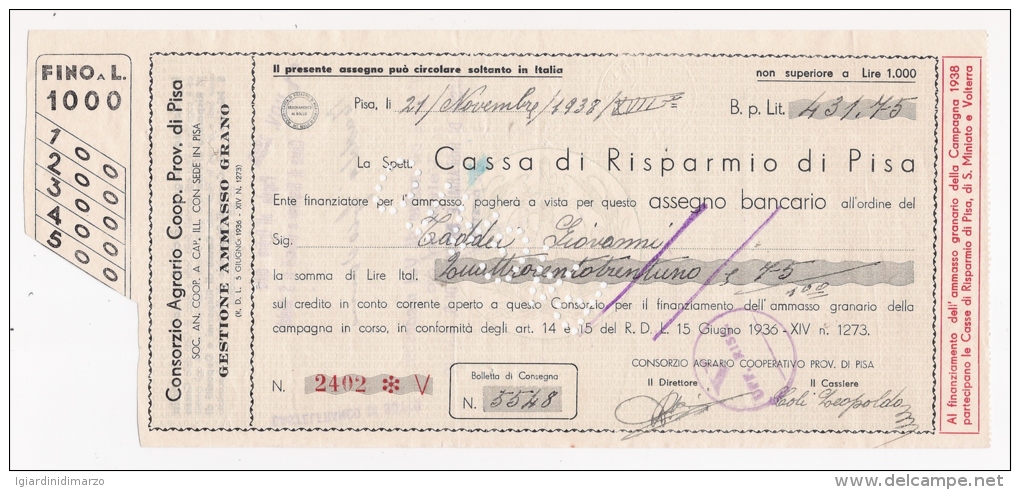 Assegno Bancario Emesso Il 21/11/1938 Dalla Cassa Di Risparmio Di Pisa - In Buone Condizioni. - Chèques & Chèques De Voyage