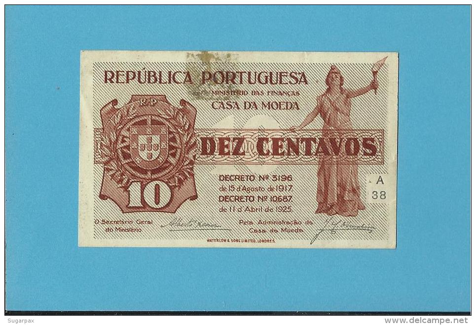 CÉDULA De 10 CENTAVOS - SÉRIE A38 - CASA DA MOEDA - PORTUGAL - EMERGENCY PAPER MONEY - NOTGELD - Portogallo