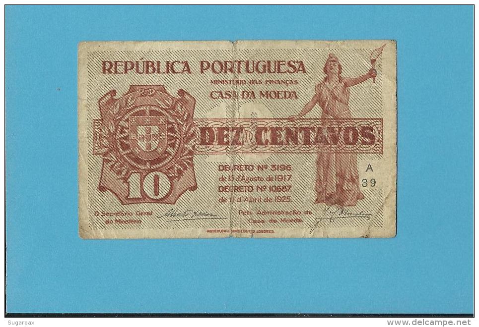 CÉDULA De 10 CENTAVOS - SÉRIE A39 - CASA DA MOEDA - PORTUGAL - EMERGENCY PAPER MONEY - NOTGELD - Portogallo