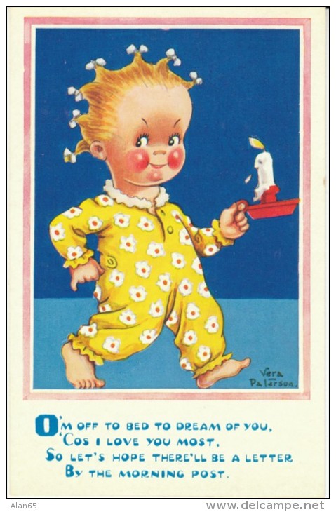 Vera Paterson Artist Signed, O'm Off To Bed Child With Candle Pajamas, Romance Humor, C1930s(?) Vintage Postcard - Paterson