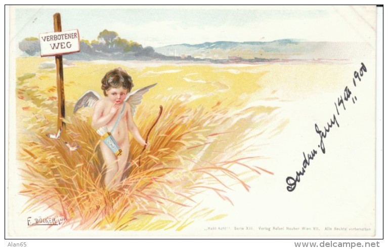 Doecker Artist Signed 'Forbidden Way' Cupid Cherub In Grain Field, Romance, C1900s Vintage Postcard - Doecker, E.