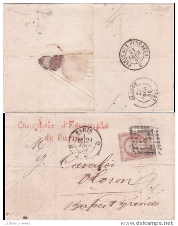 1859 AMBULANT  " PARIS AUX PYRÉNÉES C" Au Dos  Lettre  Affrt N°16 (def) > OLORON Basses Pyrénées - Poste Ferroviaire