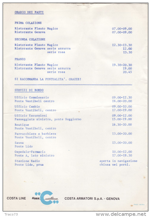 TURBONAVE   " EUGENIO COSTA "   /   Grande Crociera Ai Caraibi  - 11  Agosto 1980 _ Programma Di Bordo - Menus