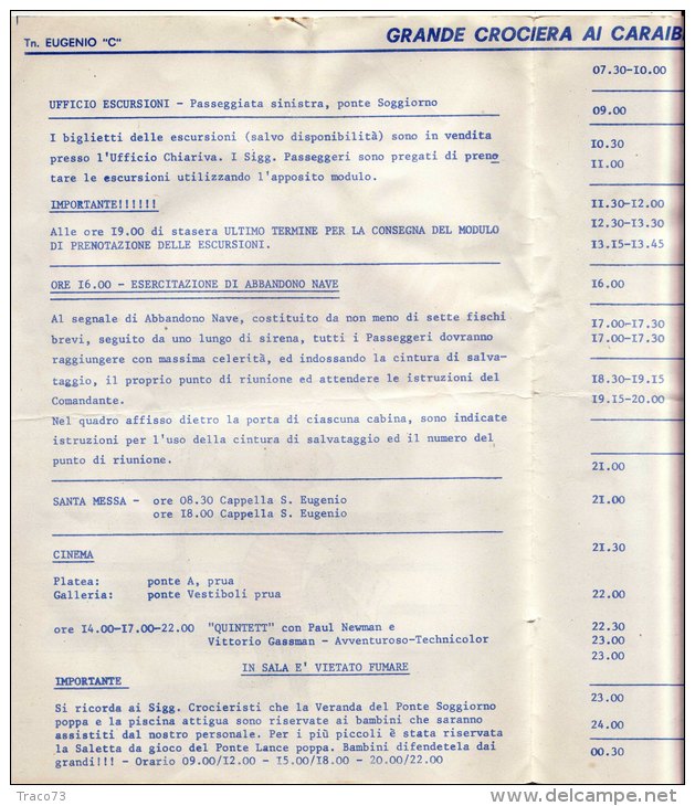 TURBONAVE   " EUGENIO COSTA "   /   Grande Crociera Ai Caraibi  - 11  Agosto 1980 _ Programma Di Bordo - Menus