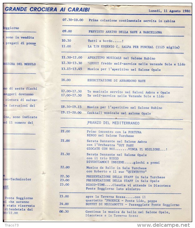 TURBONAVE   " EUGENIO COSTA "   /   Grande Crociera Ai Caraibi  - 11  Agosto 1980 _ Programma Di Bordo - Menus