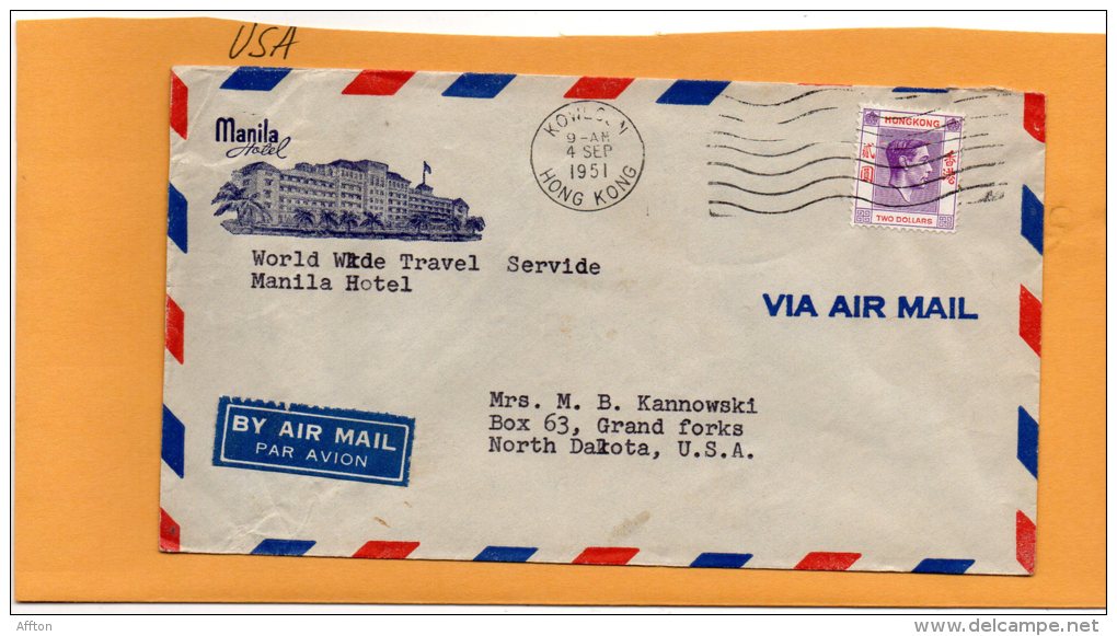 Manila Hotel Hong Kong 1951 Advertising Cover Mailed To USA - Briefe U. Dokumente