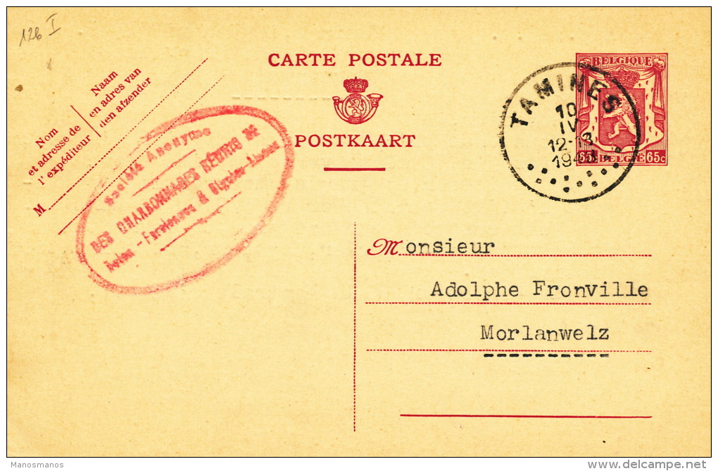 899/21 -  Entier Postal Petit Sceau TAMINES 1940 - Cachet Privé SA Des Charbonnages Réunis - Briefkaarten 1934-1951