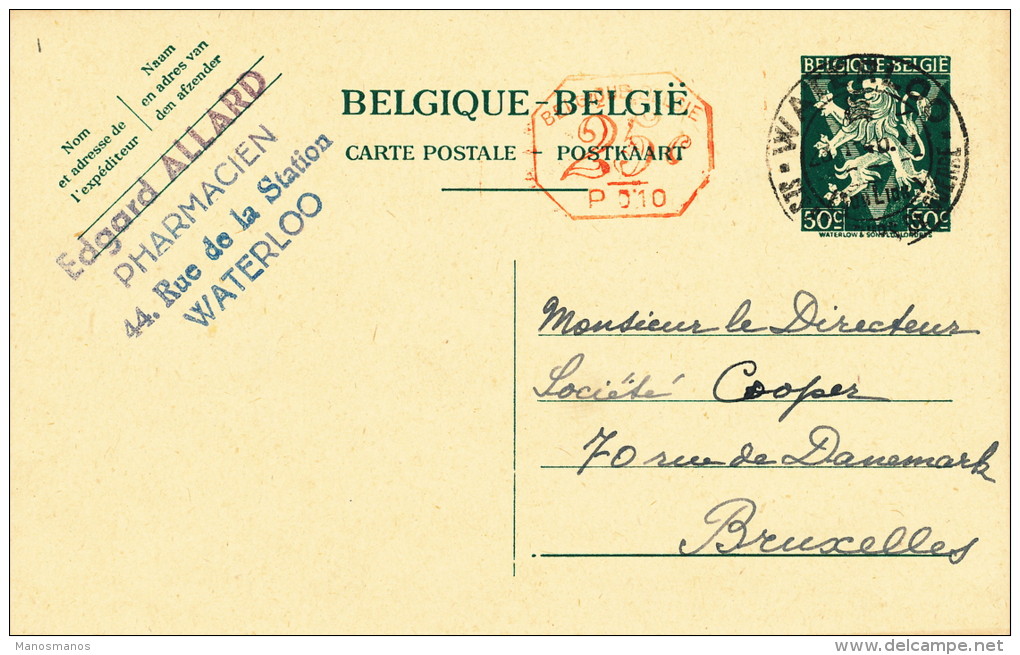 900/21 -  Entier Postal Lion V WATERLOO 1946 - Cachet Privé Pharmacien Allard - Cartes Postales 1934-1951