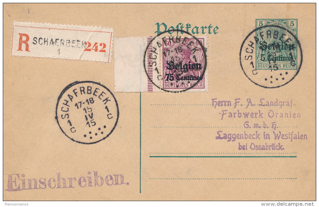 901/21 -  Entier Germania + TP 75 C RECOMMANDE SCHAERBEEK 1 En 1915 Vers L' Allemagne - Deutsche Besatzung