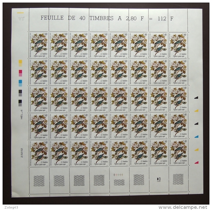 FRANCE 1995 FEUILLE COMPLETE DE 40 TIMBRES SERIE ARTS OISEAUX DE J.J. AUDUBON PIGEONS A  QUEUE PAYEE 2930** ; - Feuilles Complètes