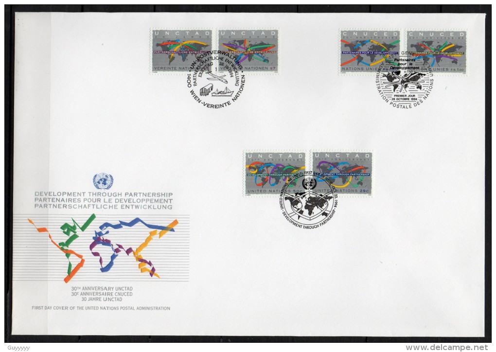 Nations Unies (New-York - Genève - Vienne) - 1994 - FDC  - 30° Anniversaire Du CNUCED - Gemeinschaftsausgaben New York/Genf/Wien