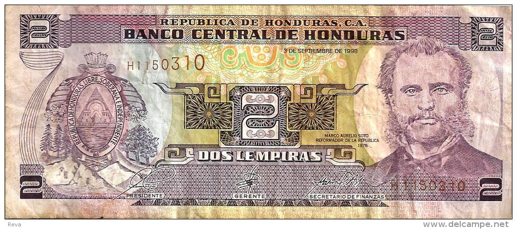HONDURAS  2 LEMPIRAS PURLE MAN FRONT LANDSCAPE BACK DATED 03-09-1998 P.80A AVF READ DESCRIPTION ! - Honduras