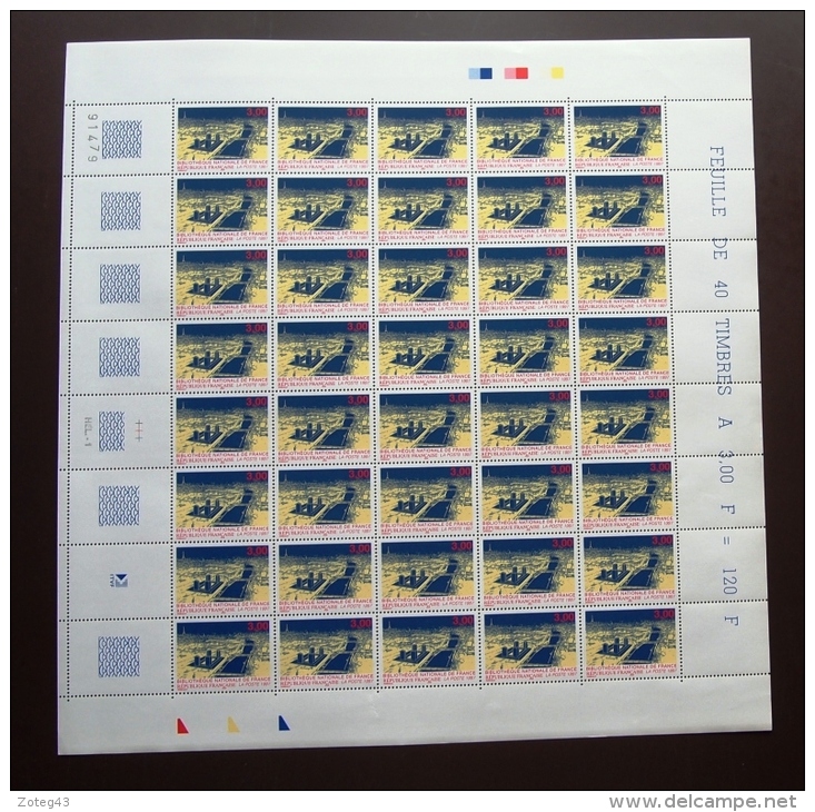 FRANCE 1996 FEUILLE COMPLETE DE 40 TIMBRES BIBILIOTHEQUE NATIONALE DE FRANCE 3041 ** ; - Feuilles Complètes