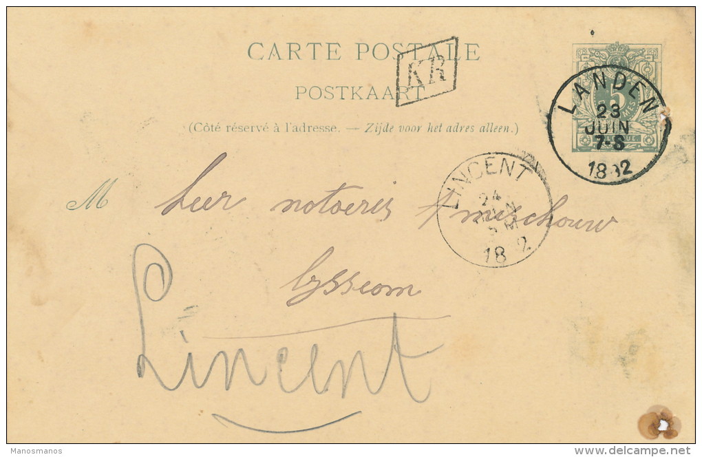 020/22 - Entier Postal Lion Couché LANDEN 1892 - Boite Urbaine KR - Origine NEERWINDEN - Poste Rurale