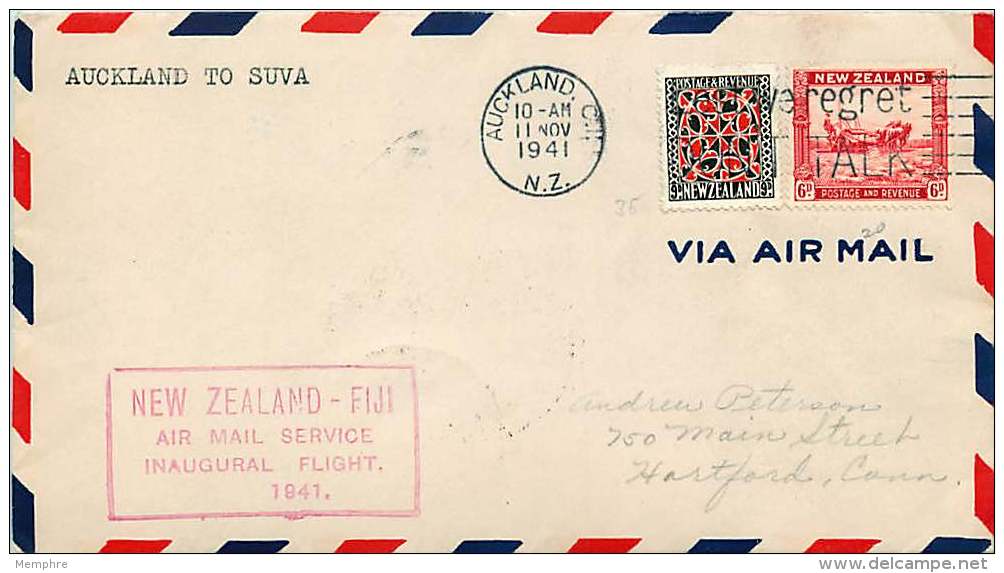 1941 First Flight  New Zealand To Fiji - Covers & Documents