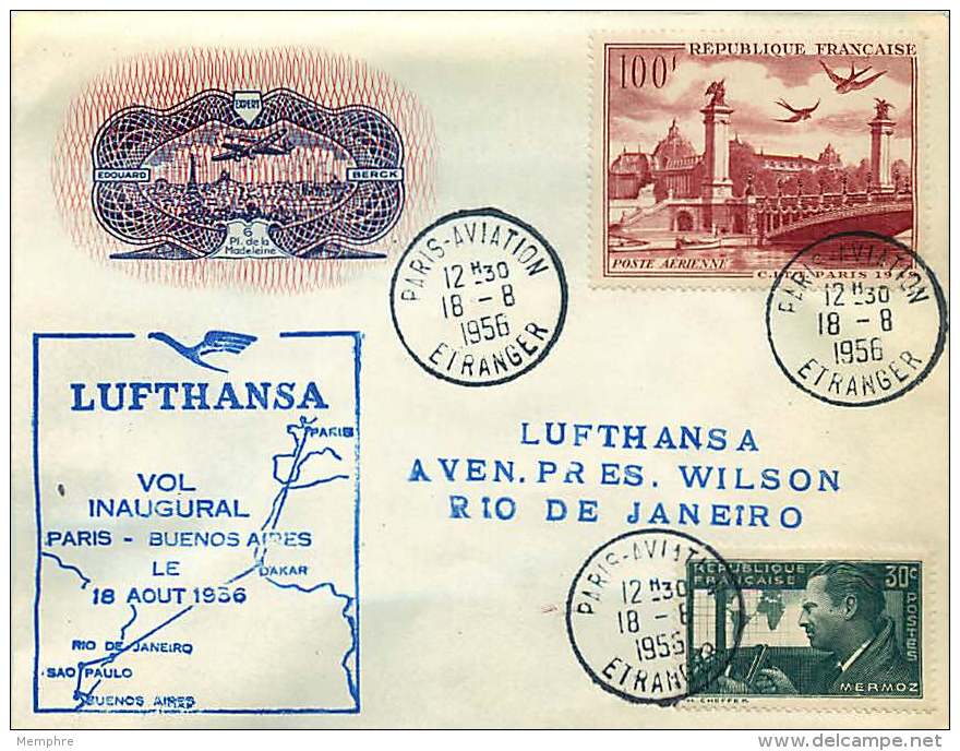 1956  Premier Vol Lufthansa Paris - Rio De Janeiro   PA 28 Pont Alexandre III,  Sur Enveloppe Ed Berck - 1927-1959 Cartas & Documentos