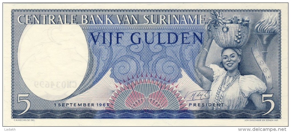 BILLET # SURINAM # 5 GULDENS  # 1963  # PICK 30 # NEUF # - Suriname