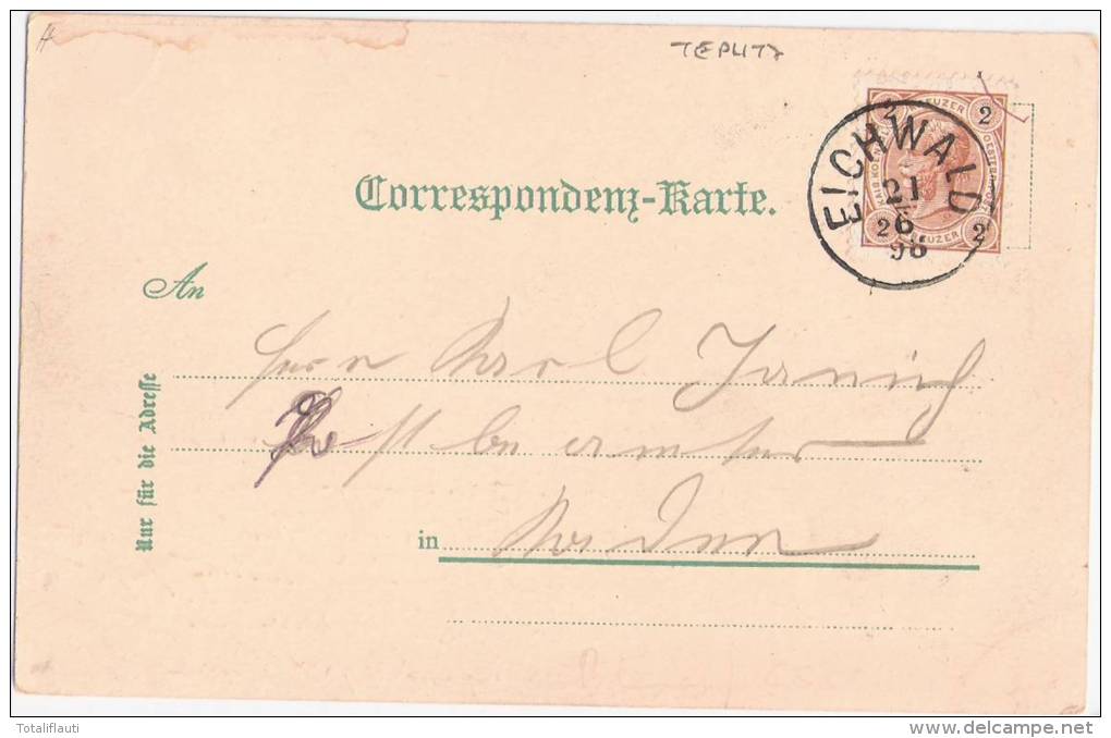 Gruss Aus Eichwald Bei Teplitz Oberforstamt Cafe Engel Waldschlößchen Dubi 21.6.1898 - Boehmen Und Maehren