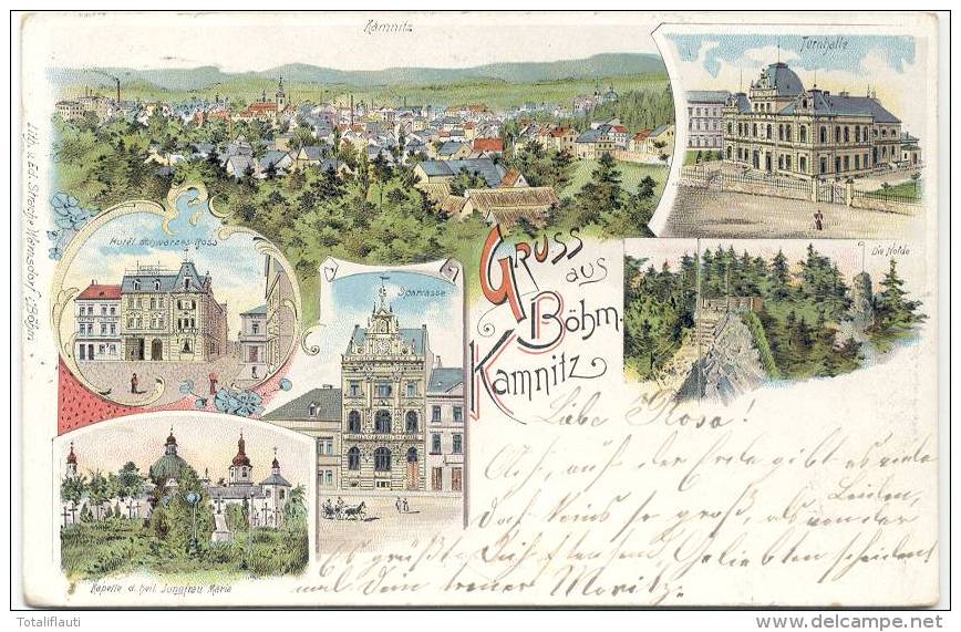 Gruss Aus Böhmisch Kamnitz Color Litho Turnhalle Nolde Sparcasse Ceska Kamenice 11.8.1898 - Boehmen Und Maehren