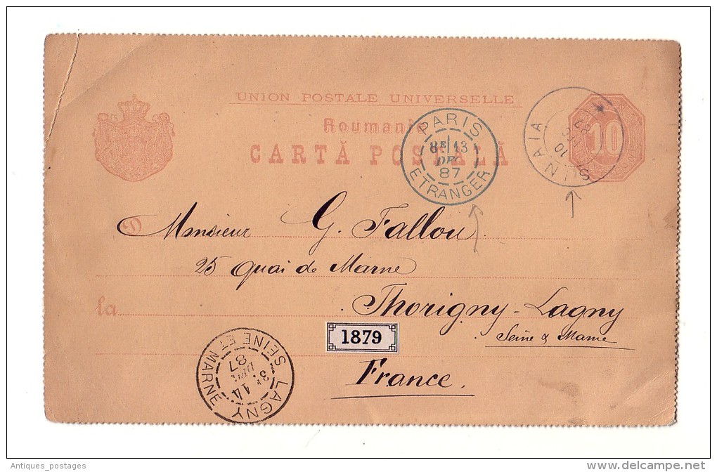 Entier Postal Carte Postale Sinaia Roumanie Thorigny Sur Lagny 1887 - Other & Unclassified