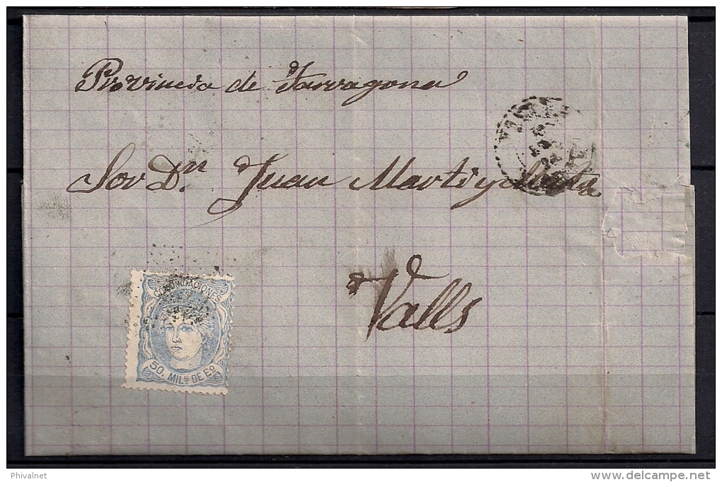1871, EDIFIL 107, 50 MILÉSIMAS, TARANCÓN A VALLS, ROMBO DE PUNTOS - Cartas & Documentos
