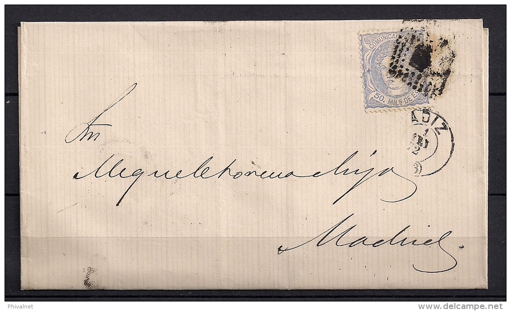 1872, EDIFIL 107, 50 MILÉSIMAS,  DE CADIZ A MADRID, ROMBO DE PUNTOS - Lettres & Documents