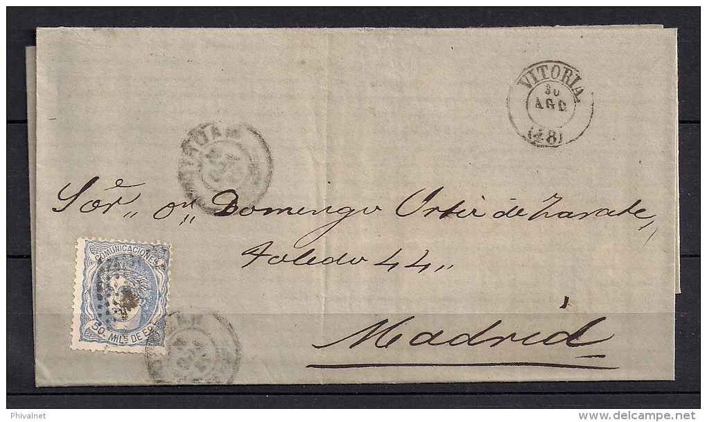 1872, EDIFIL 107, 50 MILÉSIMAS,  DE VITORIA A MADRID, ROMBO DE PUNTOS. - Lettres & Documents