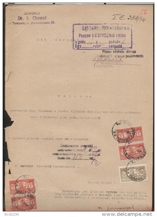 POLAND 1936 COURT FEE DOCUMENT WITH 50GR COURT DELIVERY REVENUE BF#12 + 4 X 1ZL+ 50GR COURT JUDICIAL - Revenue Stamps