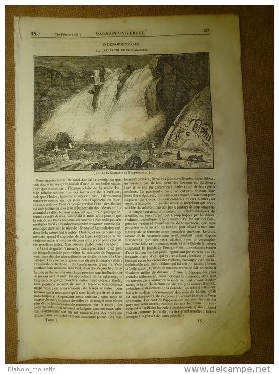 20 Fev.1834  MAGASIN UNIVERSEL: Cataractes Du Puppanassum INDE; Vandales Et Visighots;Mosquée De Sainte-Sophie;Bédouins - 1800 - 1849